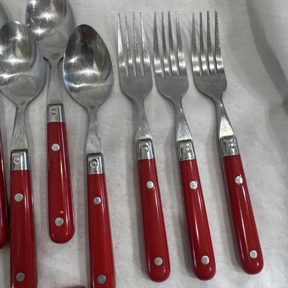 23 Lifetime Paris Splendour Stainless Flatware Spoon Fork Rivets Red Handle VTG